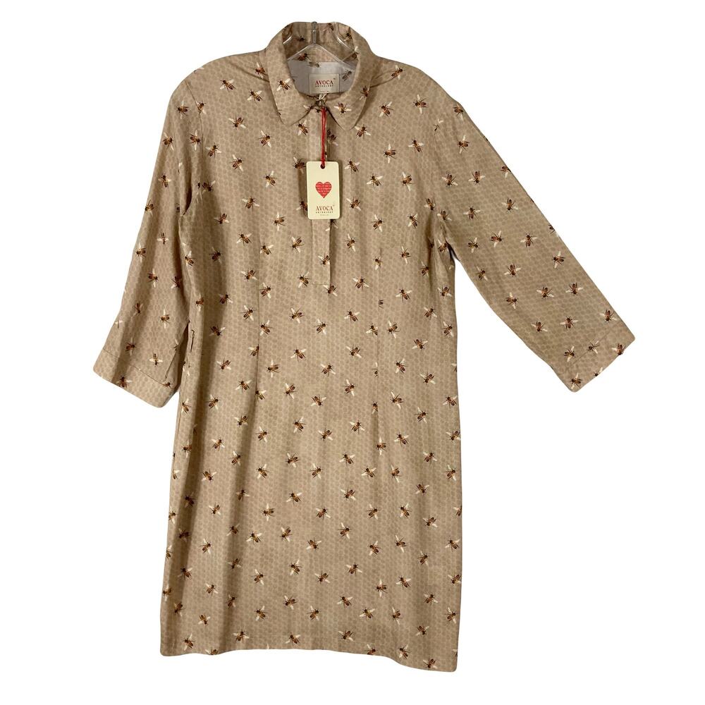 NWT AVOCA ANTHOLOGY Dress 3~M Beige Bees Honey-Comb Print 5-Buttons Long-Sleeve